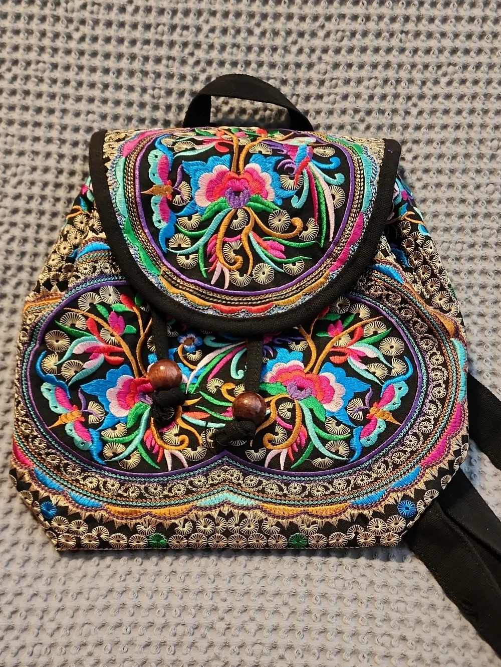 Embroidered Floral Mini Backpack - Black with Multicolor Stitching